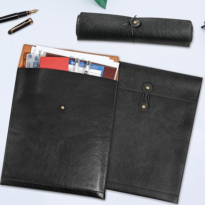 Black PU Leather File Folder for Documents,Important Document Folder with String Tie,Laptop Sleeve Notebook Case,Leather File Organizer, A4 Envelopes Filing Folder 3PCS