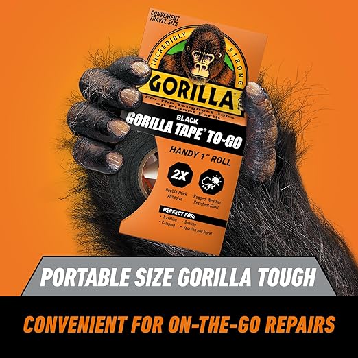 Gorilla Tape, Mini Duct Tape to-Go, 1" x 10 yd Travel Size, Black, (Pack of 2)