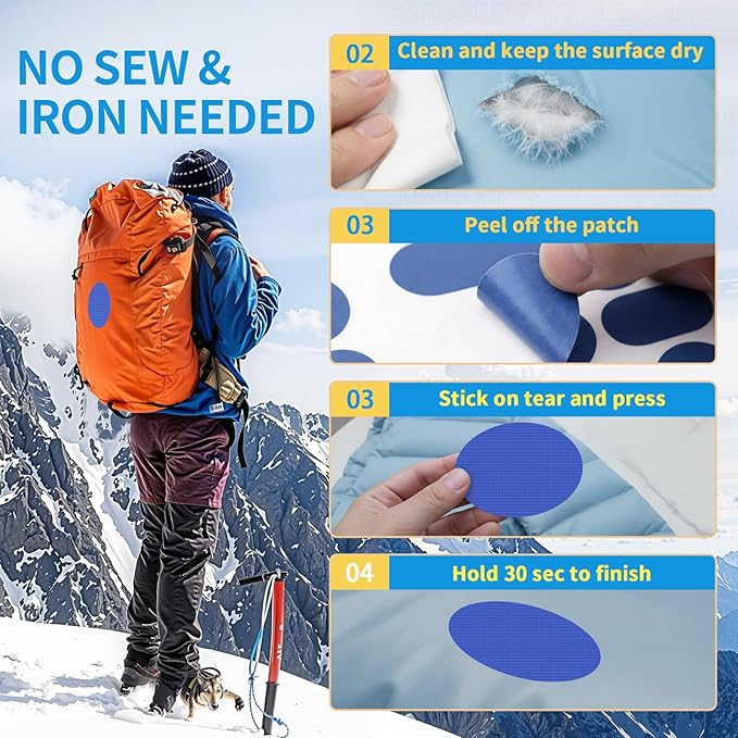Waterproof Self-Adhesive Nylon Patches for Tent Repair Kit, 24pcs Outdoor Gear Tenacious Repair Tape, Fabric Patches for Clothes, Down Puffer Jacket, Tent, Sleeping Bag, Backpack, Royal Blue