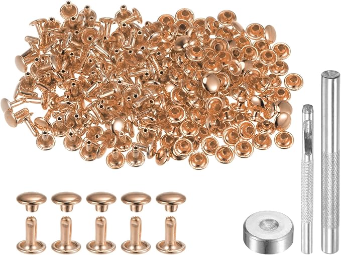 HARFINGTON 100 Sets Leather Rivets 8 x 7mm Metal Double Cap Rivet Snaps Studs Fasteners with 3pcs Setting Tools for Leather Craft DIY Repair Decoration, Light Gold Tone