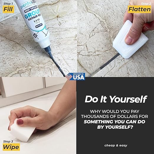 PentaUSA Tile Grout Repair Kit - Premixed Acrylic Sanded Grout for Bathroom, Shower & Kitchen, Water-Resistant Tube with Applicator, Fills Cracks and Gaps in Lines, Dark Gray (8.8oz/250gr)