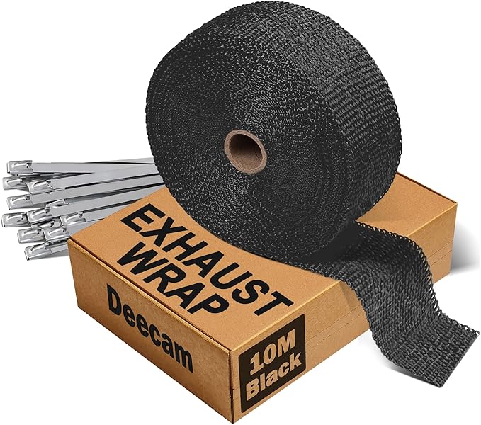 Deecam Exhaust Heat Wrap, 2'' x 33' Black Exhaust Header Wrap Tape Kits, Heat Wrap for Exhaust Pipes with 10 Stainless Steel Ties for Motorcycle Car Exhaust Engine