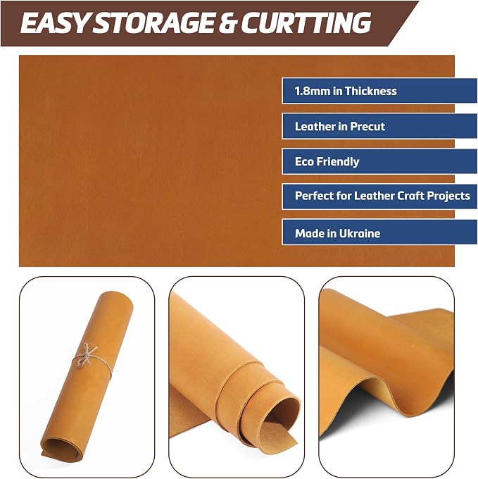 Shkira 12''X24'' Genuine Buckthorn Brown Leather Sheets for Crafts - Square 2.0MM Thick Genuine - Thick Cowhide Pieces Square - Leather Sheet for Arts