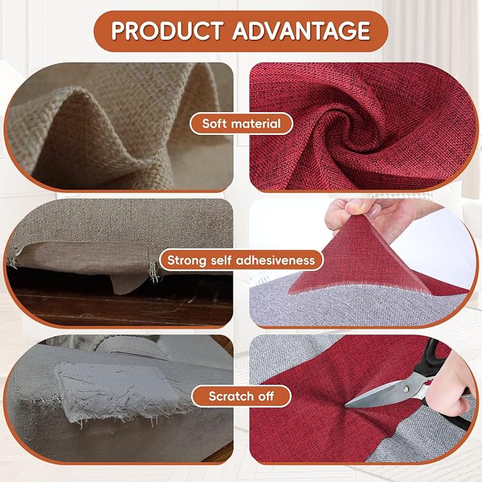 Linen Fabric Repair Tape 4x79 Inch, Self Adhesive Couch Patch Repair Fabric Tape for Furniture, Linen Patch Kit for Couch, Carpet, Upholstery, Chair, Sofa, Pillows, Bag (Coarse, Dark Red)