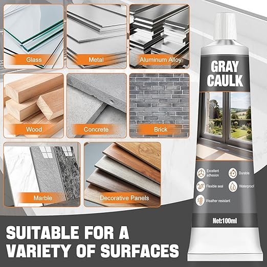 Gray Caulk, Gray Silicone Caulk Grey Caulk Grey Caulking Waterproof Strong Elastic Adhesive Durable Excellent Sealing Ability for Bathrooms Kitchen Sinks Doors and Windows, 100ml