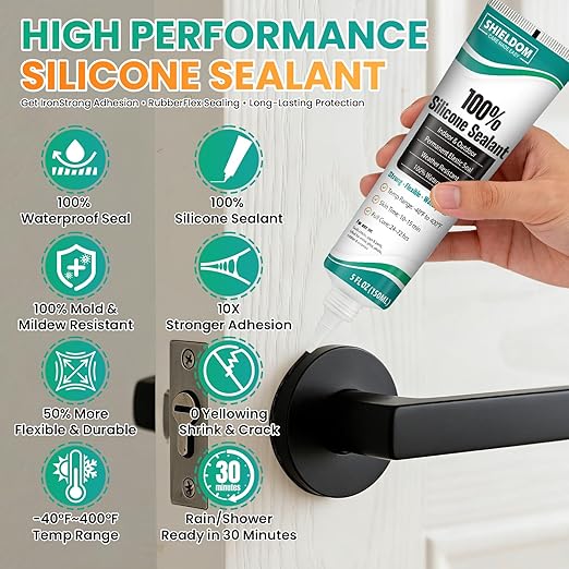 SHIELDOM Silicone Sealant Adhesive Silicone Caulk with Finishing Tool 100% Waterproof Seal Shrink & Crack Proof, Flexible, Strong Adhesion for Automotive, Bathroom, Kitchen, Windows 150ML/5Oz (Black)