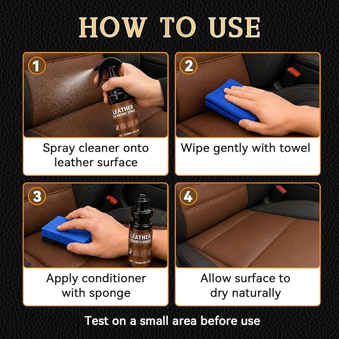 Leather Cleaner and Conditioner, Leather Cleaning Kit, Leather Conditioner, Cleans Stains, Restores Softness and Shine, Protects Cracking, for Car Seats, Sofa, Bags, 2 Bottles (4 oz Each)