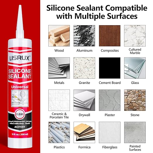 LISRUX Advanced Clear Silicone Caulk for Kitchen & Bathroom,10 fl oz Cartridge,12 Pack,100% Waterproof RTV Silicone Sealant,Stronger Adhesion,Shrink & Crack Proof