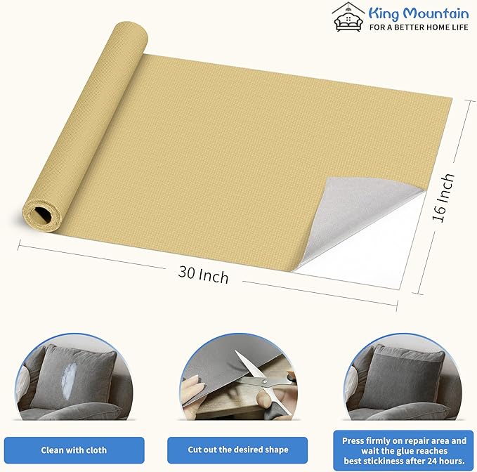 KING MOUNTAIN Canvas Repair Patch 16×30 Inch Self-Adhesive Waterproof Fabric Patch for Sofas, Tents, Furniture,Tote Bags, Car Seats (Beige-1)