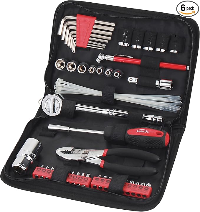 Apollo Tools 56 Piece Compact SAE Auto Tool Set in Zippered Case, Small Mechanic Tool Set for Car Emergency, Motorcycle Repair on the Road, Great for Travel Tool Needs - Red - DT9774 (Pack of 6)