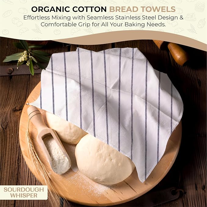 Sourdough Essential Baking Tools Set — Premium Organic Cotton Proofing Tea Towel, Seamless Danish Dough Whisk, Blue Silicone Scraper & Wood Brush (Complete Sourdough Baking & Proofing Kit)