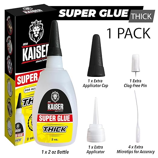 Der Kaiser Thick CA Super Glue (2 oz) – Gap-Filling Cyanoacrylate Adhesive – 15-30 Sec Cure – Pro Kit with Microtips – Wood, Plastic, Metal, 3D Printing, Hobby Models, DIY Repairs – 1,000-1,500 CPS