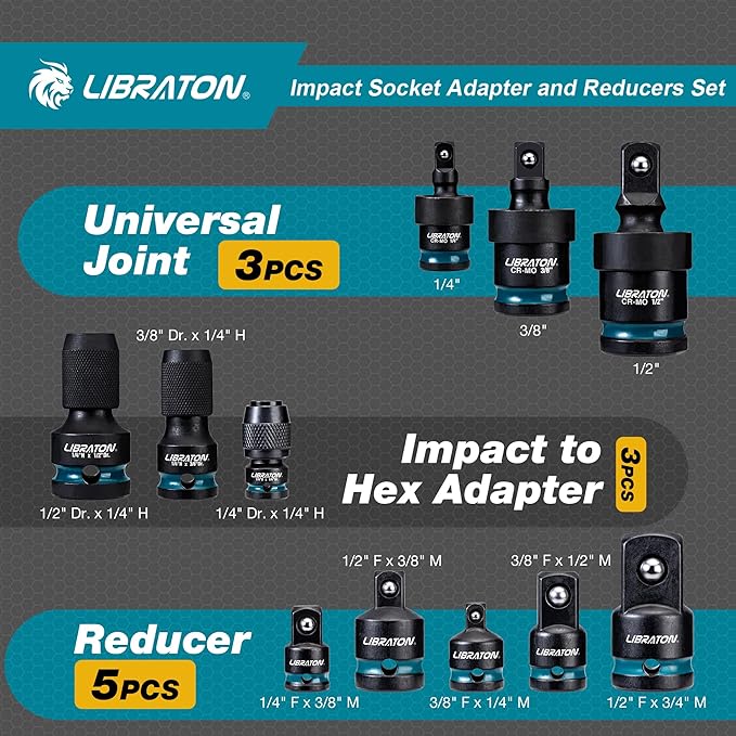 LIBRATON Impact Socket Adapter and Reducer Set 11PCS, Socket Adapter Reducers, Swivel Socket Adapters, Impact to 1/4 Hex Converters, Impact Wrench Adapters for Automotive Repair, with Blow Molded Box
