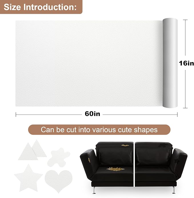 ONine Leather Repair Patch，Self-Adhesive Couch Patch，Multicolor Available Scratch Leather 16X60 Inch Peel and Stick for Sofas, Car Seats Hand Bags Jackets(White-Litchi Grain)