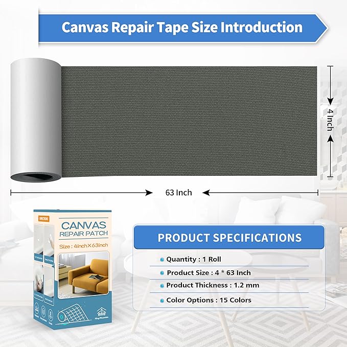 KING MOUNTAIN Canvas Repair Tape,Outdoor Gear Patch, 4×63 Inches,Waterproof,Self-Adhesive for Repairing Boat Covers,Sun Shades,Sofas,Tents,Lounge Chairs,Awnings (Dark Grey 2.0)