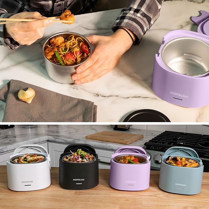 Nostalgia Portable Heated Lunch Box – 2.5-Cup Stainless Steel Food Warmer – Detachable Cord, Leak-Proof Lid, Carry Handle – Portable for Work & Travel – Lavender