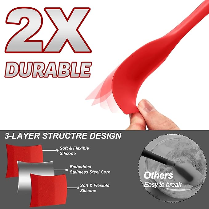 Anaeat 4 Piece Silicone Spatula Set - Seamless One-Pieces Design, Non-Stick Rubber Spatulas Kitchen Scraper for Baking, Cooking, Scraping & Mixing, Heat Resistant & BPA Free & Dishwasher Safe (Red)
