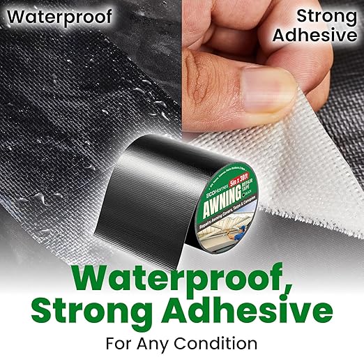 Awning Covers & Tarp Repair Tape - Waterproof Self Adhesive Patch Repair Kit | Patch Tapes for Awnings, Outdoor Canopies, Patio Window Awnings, Gazebos, Tents, RV, Canvas, Boat Covers (Black, 5 Inch)