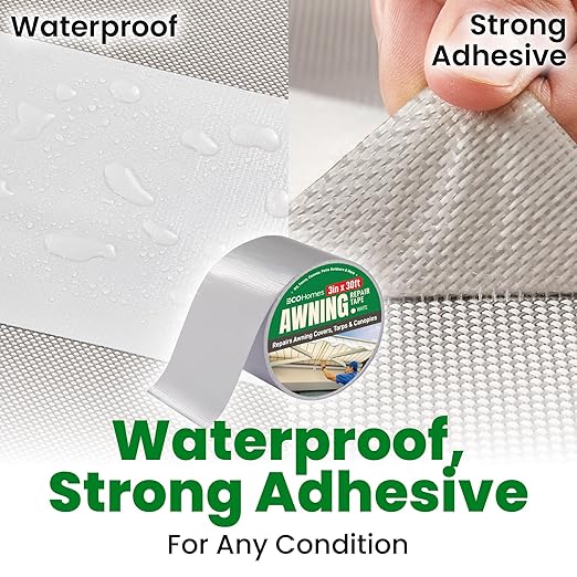 Awning Covers & Tarp Repair Tape - Waterproof Self Adhesive Patch Repair Kit | Patch Tapes for Awnings, Outdoor Canopies, Patio Window Awnings, Gazebos, Tents, RV, Canvas, Boat Covers (White, 3 Inch)