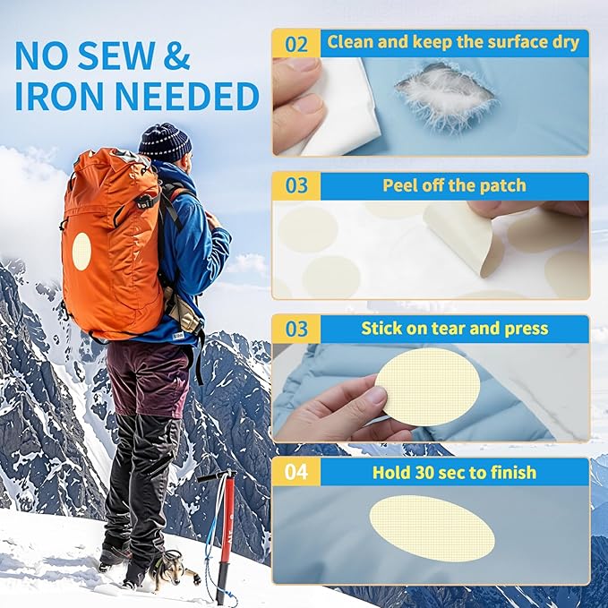 Waterproof Nylon Fabric Repair Tape Tent Repair Kit, 4pcs Outdoor Gear Tenacious Fix Tape, Self-Adhesive Fabric Patches for Clothes, Down Puffer Jacket, Tent, Sleeping Bag, Backpack, White