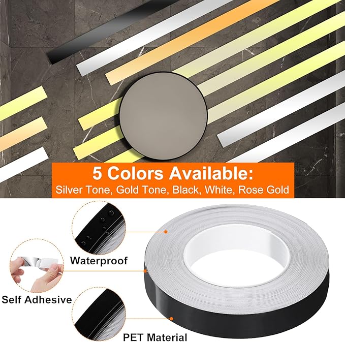 HARFINGTON 2Pcs Floor Tiles Black Foil Lines Metallic Mirror Tape 0.98" x164 Ft Self Adhesive Decor Floor Wall Seam Sticker Waterproof Gap Sealing Tape for Kitchen Bathroom Cabinet