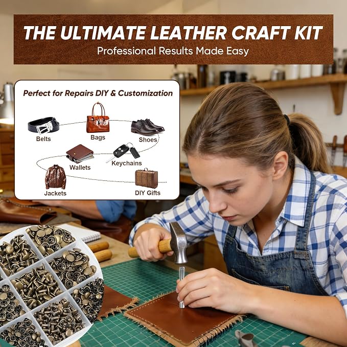 Domthent Leather Rivets Kit, 370 Sets Brass Double Cap Rivets with Full-Size Leather Working Tools for 5 Sizes, Perfect for Leather Crafting, Clothing, Bag, Shoe Repair and DIY Decoration (Bronze)
