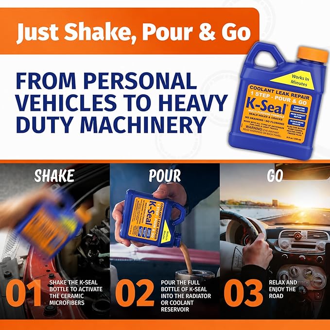 K-Seal ST5501 Multi-Purpose One Step Coolant Leak Repair, 8oz, Pour and Go, Mixes with All Antifreeze, No Flushing Required