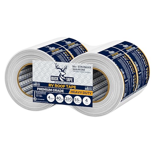 4 Pack Buck RV Roof Sealant Tape – 4 Inch x 55ft, 40 Mil – Waterproof RV Tape for Roof Repair, Seams, Skylights, Vents & Window Leaks on Camper, Trailer & Boat, UV Resistant & Weatherproof, White