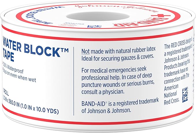 Band-Aid Waterproof Tape Roll, 1 in by 10 yd | Self-Adhesive | Pack of 5 | Secures Bandages | Water Block