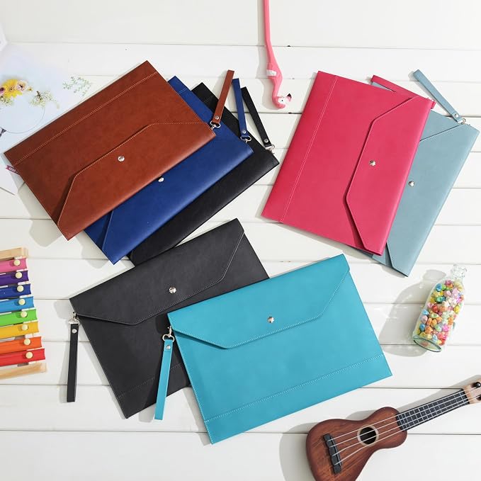 Wonderpool Envelope Case A4 PU Leather File Jacket Pocket Folder Document Case Bag with Removable Hand Strap and 4 Pocket for Documents Tablet Phone Stationery (Coffee)