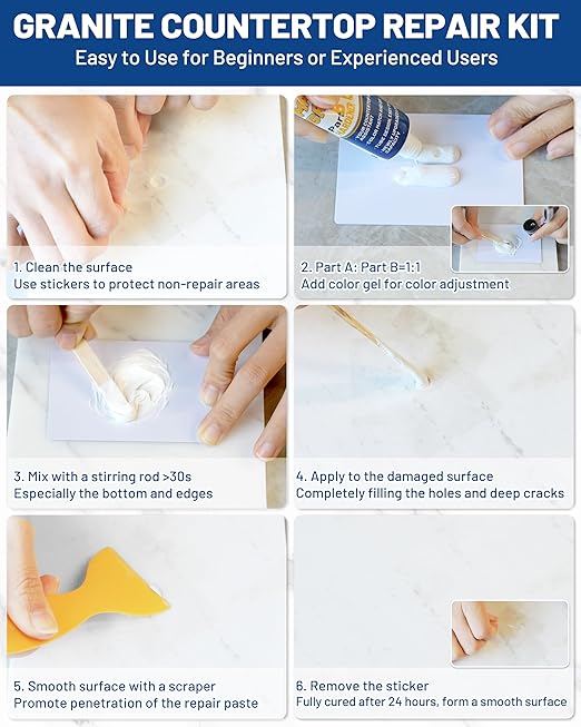 Tile, Marble and Granite Repair Kit (Color Match), 160g/5.64oz Quartz Countertop Repair Kit for Holes Dents Defects Chips Scratches Cracks, Fix Porcelain Stone Reattaches Corian Other Hard Surfaces