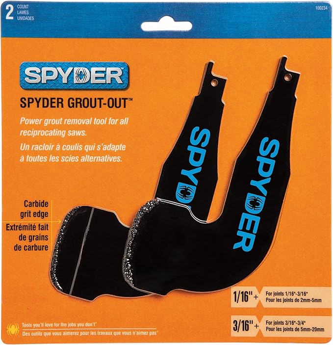 Spyder 2-Piece Grout-Out Attachment Set for Reciprocating Saws, 1/16-inch and 3/16-inch Grout Removal Blade Tools with Tungsten Carbide Grit Edges