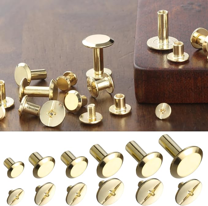 YORANYO 140 Sets Chicago Screws Leather Rivets Kit for Fabric Leather Crafting 6 Sizes Chicago Binding Screws for Decorate and Repair Belt Bag Shoes Purse Pet Collar Clothing Bookbinding (Gold)