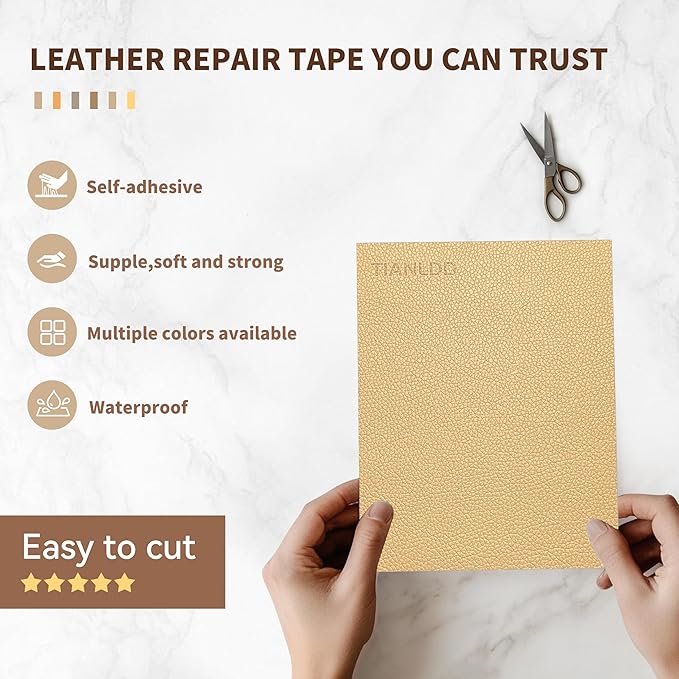 TIANLDD Leather Repair Tape,16 x 80 Inches Self Adhesive Leather Repair Patch，Leather Repair Kit for Furniture，Couches,Car Seats,Cabinets,Handbags(Khaki-Litchi Grain)