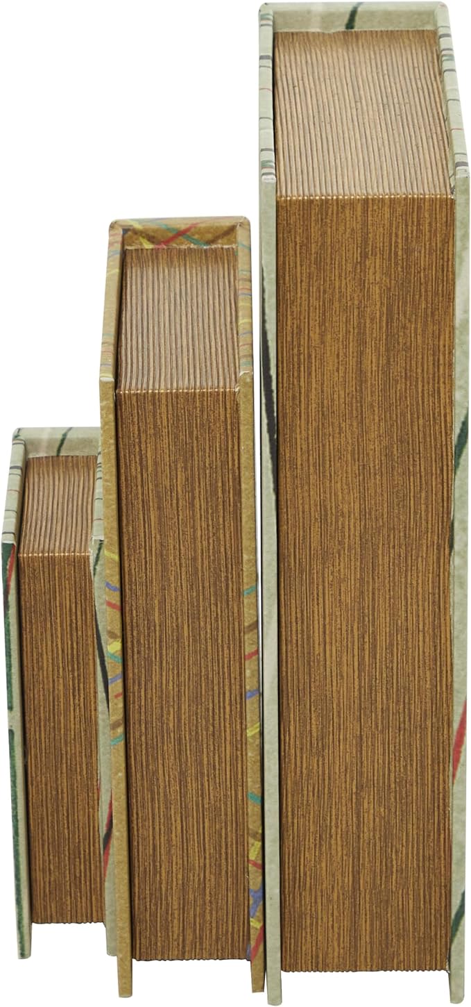 Deco 79 Faux Leather Abstract Decorative Box Faux Storage Book Book Shaped Boxes with Colorful Linear Patterns, Set of 3 Decorative Keepsake Boxes 12", 9", 6"H, Green