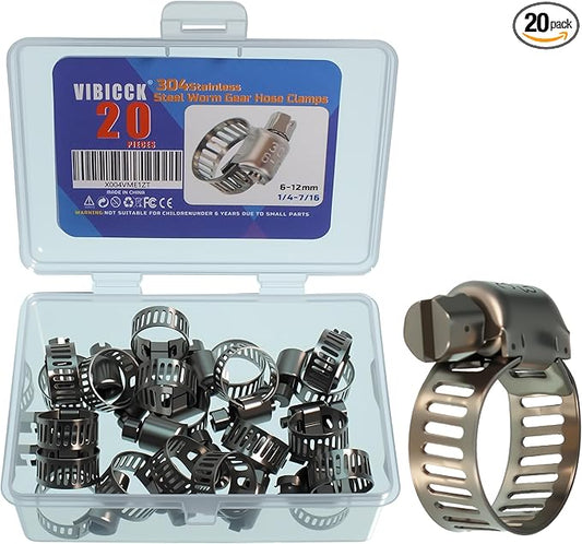 20PCS Hose Clamp Se1/4-7/16'' 304 Stainless Steel Worm Gear Hose Clamps for Pipe, Intercooler, Plumbing, Tube and Fuel Line (20pcs1/4-7/16/6-12mm)