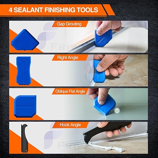 Caulking Tool 5 in 1 Silicone Caulk Remover Tool Kit, Grout Removal & Sealant Finishing Tool with Stainless Steel Scraper, 5 Silicone Pads for Bathroom Kitchen Sink Window Seam Repair