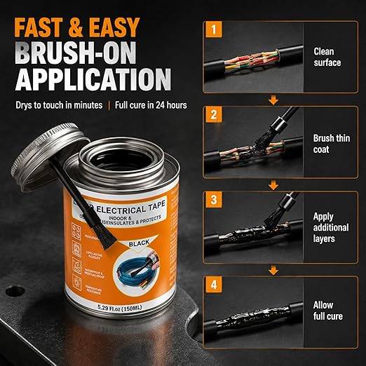 5.29 oz Liquid Electrical Tape Quick-Drying Insulating Glue with Brush Cap - Quick-Dry Waterproof Sealant for Wires, Cables, Connectors, Outdoor & Automotive Electrical Equipment (Black)