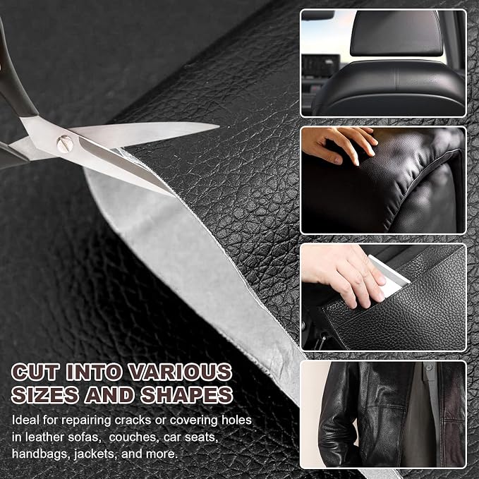 2 PCS PU Leather Patch for Car Seat Repair, 8 × 4 Inch Waterproof Auto Upholstery Cuttable Patches, Self-Adhesive Seat Leather Tape Portable Repair Kit for Vehicles (Gray)