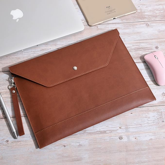 Wonderpool Envelope Case A4 PU Leather File Jacket Pocket Folder Document Case Bag with Removable Hand Strap and 4 Pocket for Documents Tablet Phone Stationery (Coffee)