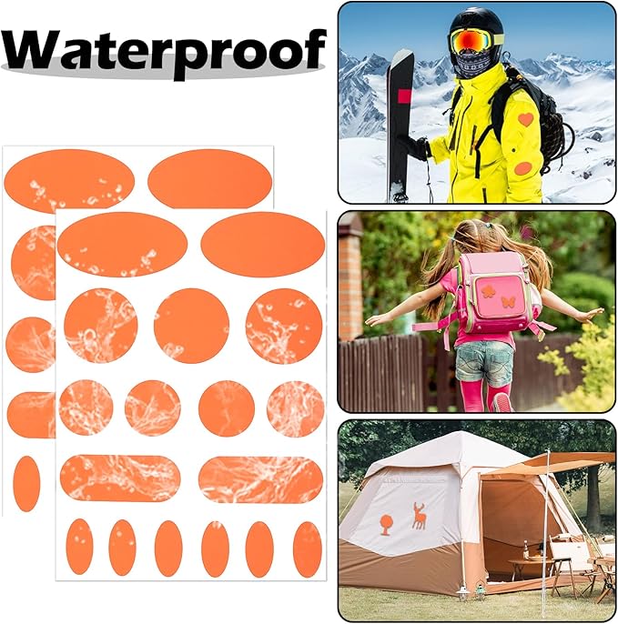 Waterproof Self-Adhesive Fabric Repair Tape - Tent Repair Kit,51pcs Nylon Fabric Patches for Tent, Jacket, Clothes, Puffer Down Jacket,Sleeping Bag, Outdoor Gear Tenacious Repairs Tape, Orange