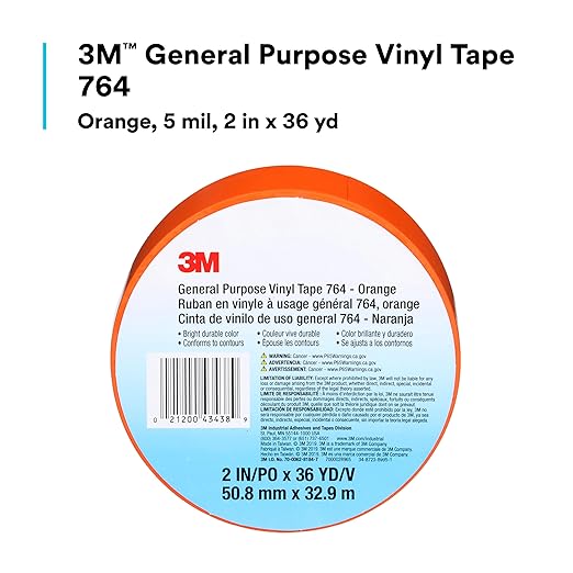 3M Vinyl Tape 764, General Purpose, 2 in x 36 yd, Orange, 1 Roll, Light Traffic Floor Marking, Social Distancing, Color Coding, Safety, Bundling