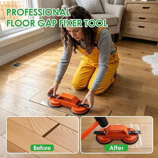 Floor Gap Fixer Tool for Laminate Floor Gap Repair, Heavy Duty Dual Suction Cups with 45° Striking Surface, Includes Rubber Mallet, Sticky Pads & Gloves for Vinyl Plank, LVP & Hardwood