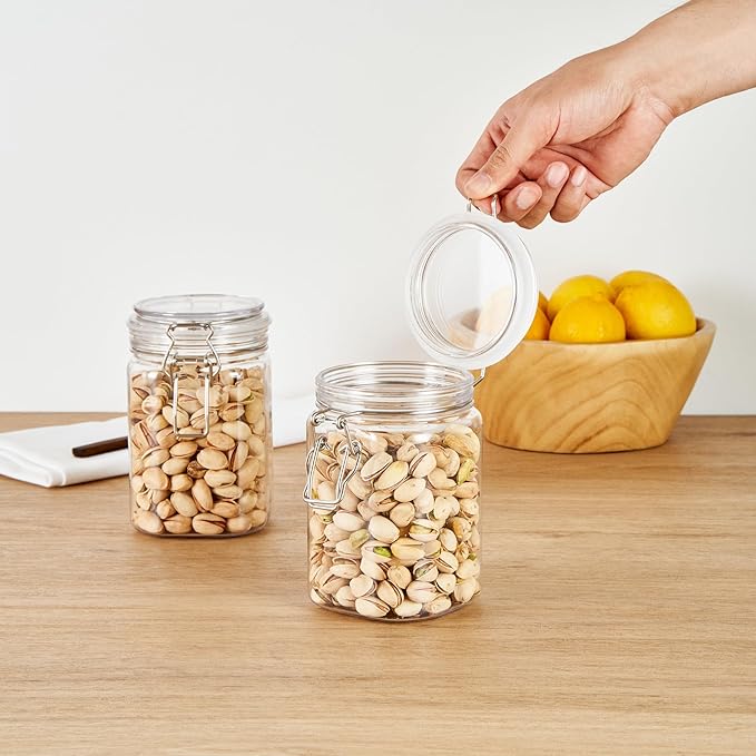 Restaurantware-Met Lux 29 Ounce Hinged Food Storage Jars, 2 Airtight Jars With Lids - Rubber Gasket, Wide Mouth, Clear Plastic Square Canisters, For Kitchen And Pantry Storage Of Bulk Dry Food