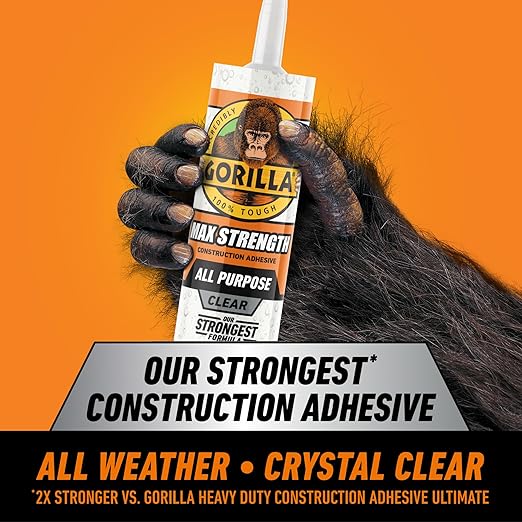 Gorilla Max Strength Construction Adhesive, Clear Glue, 9 Ounce Cartridge (Pack of 2) - Gap Filling and Waterproof