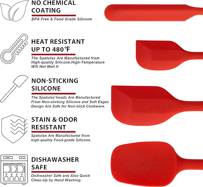 Anaeat 4 Piece Silicone Spatula Set - Seamless One-Pieces Design, Non-Stick Rubber Spatulas Kitchen Scraper for Baking, Cooking, Scraping & Mixing, Heat Resistant & BPA Free & Dishwasher Safe (Red)