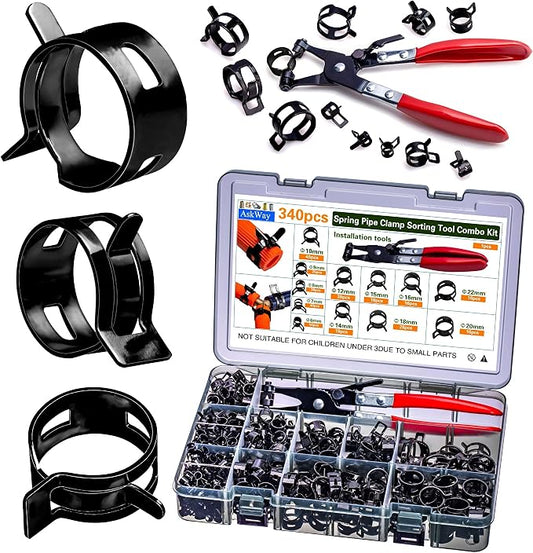 Spring Pipe Clamps340PCS, With Spring Pipe Clamp Tools, 12 Sizes 6-22mm Spring Hose Clamps, Used To Fix Hose Interfaces In Automotive, Marine, Gardening, Industrial Applications