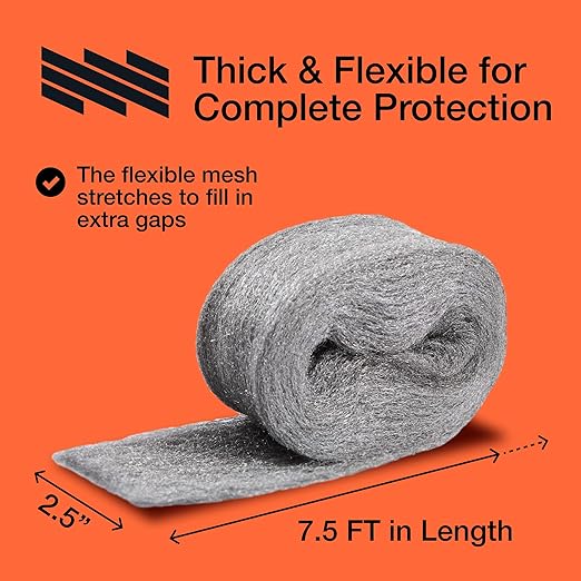 MaPorch 3-Roll Steel Wool Mice Control Kit - Unchewable Gap Filler for Doors, Pipes, Weep Holes and Baseboards - 2.5 in x 7.5 ft - Grade 4 Thick Excluder Mesh for Rodents with Gloves and Scissors