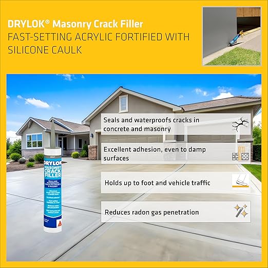 DRYLOK Masonry Crack Filler, 10.5 fl. oz – Seals & Waterproofs Cracks in Concrete, Masonry, Walls & Floors, Fast-Setting, Paintable in 1 Hour, Indoor/Outdoor Use, Gray