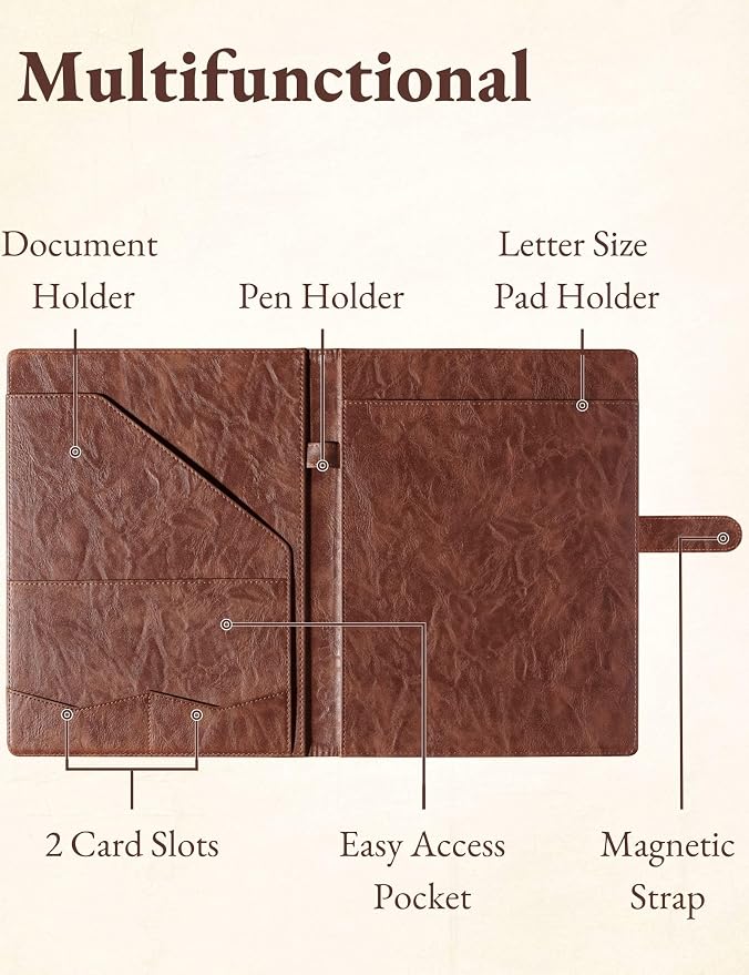 Mymazn Padfolio, Portfolio Folder, Legal Pad Holder, Resume Folder | Faux Leather Binder with Document Organizer, Business Card Holder, Letter-Size Notepad for Interview, Men & Women, Brown